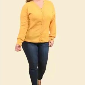 Sweater Top with Button on Sleeve and Lace Yellow Size 2XL